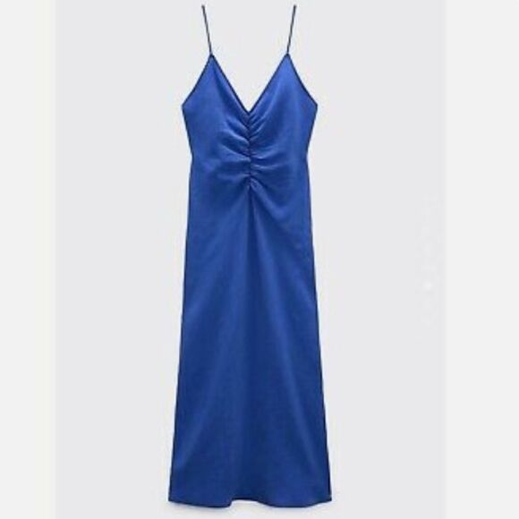 Zara Blue Slip Dress With Ruching - Picture 9 of 10